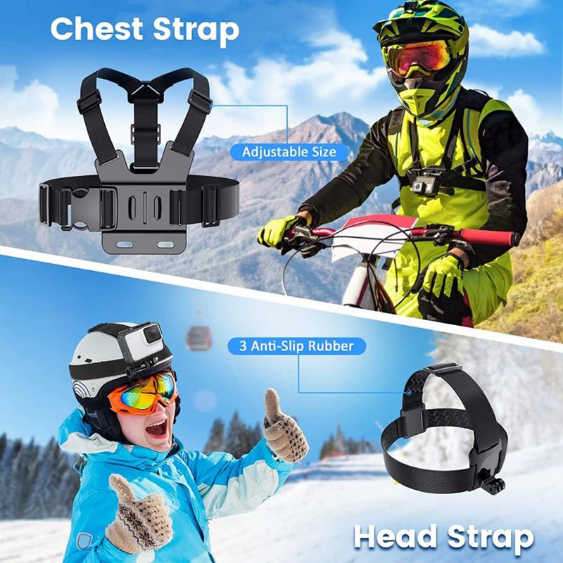 For GoPro Hero Universal Action Camera Accessories Kit 6-in-1 Chest Strap, Head Strap, Selfie Stick