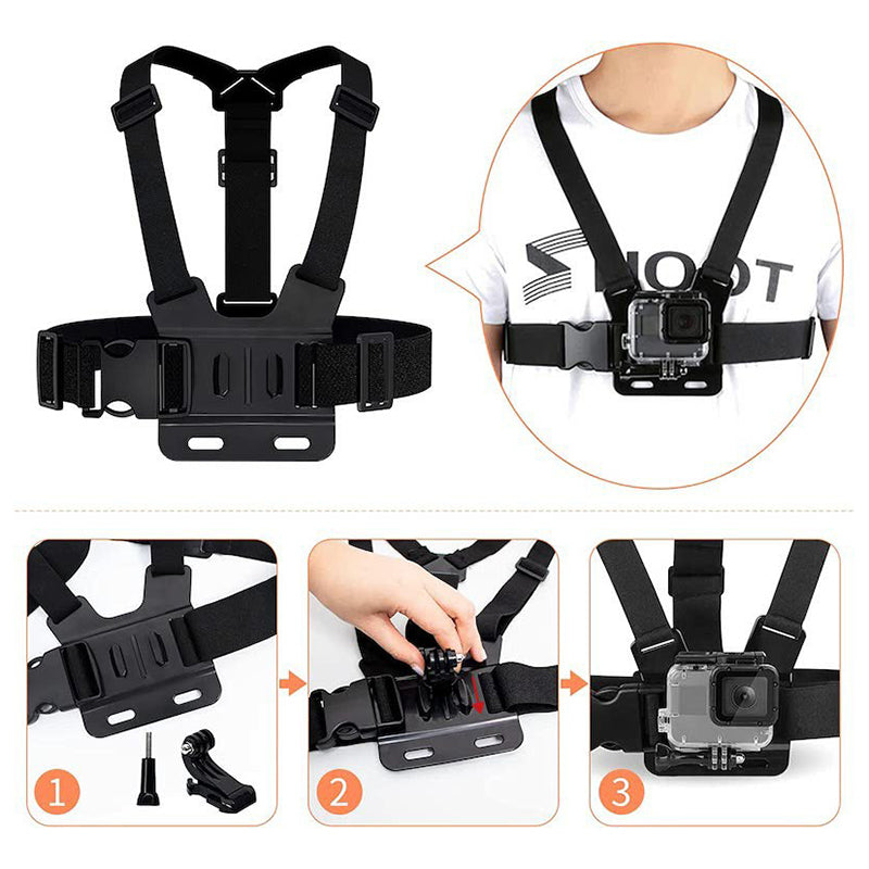 For GoPro Hero Universal Action Camera Accessories Kit 6-in-1 Chest Strap, Head Strap, Selfie Stick