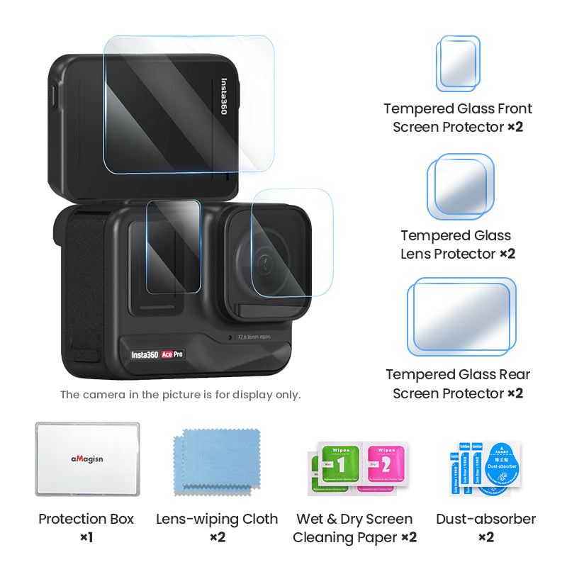 AMAGISN 2 Sets For Insta360 Ace Pro Tempered Glass Screen Protectors Set Front / Rear / Lens Film