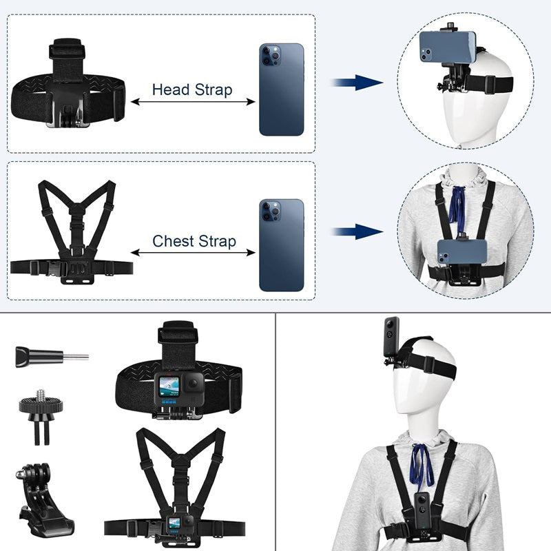 11-in-1 For GoPro Action Camera Accessories Kit Head Chest Strap Chin Bracket Phone Holder Set