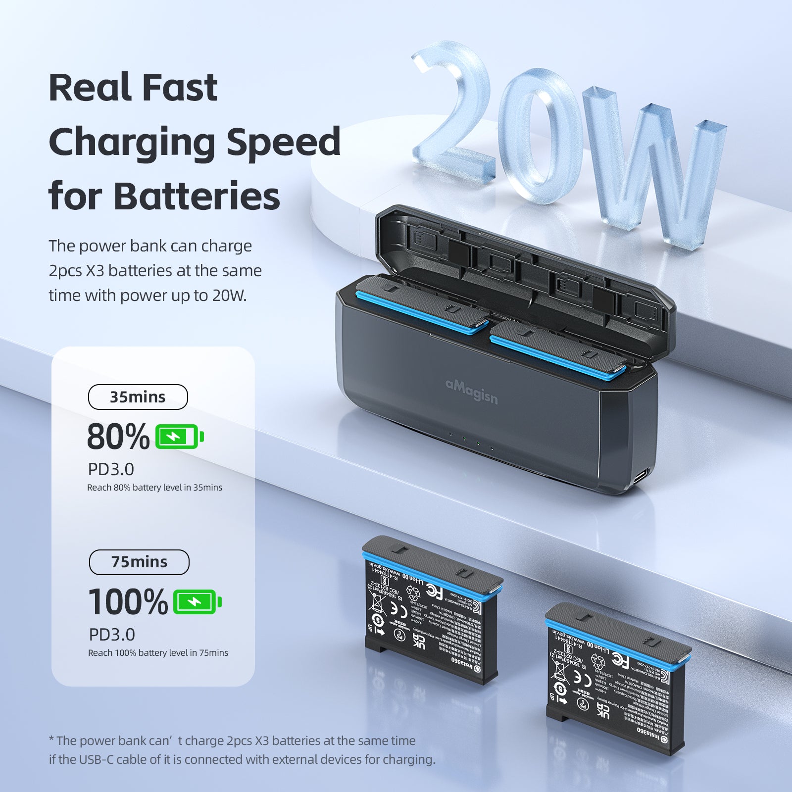 AMAGISN For Insta360 X3 Portable Battery Charging Box Action Camera Dual Battery Fast Charging Case