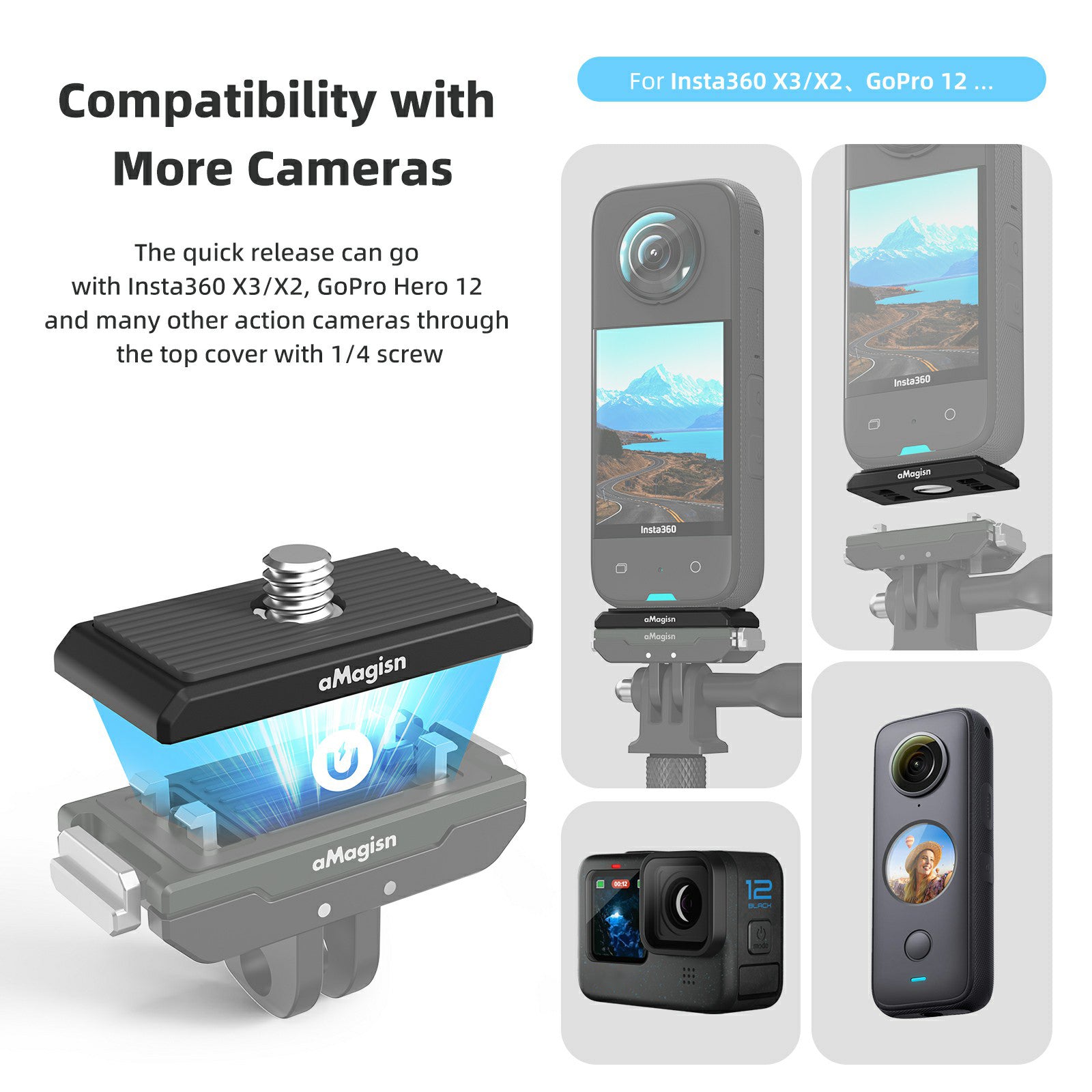 AMAGISN For Insta360 Ace Pro / Ace Action Camera Metal Magnetic Quick Release Adapter with Top Plate