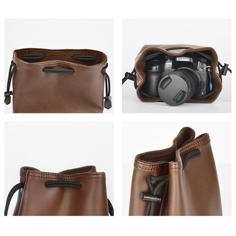 CWATCUN H60 Camera Lens Bag for Canon Nikon Sony PU Leather Drawstring Pouch, Size S