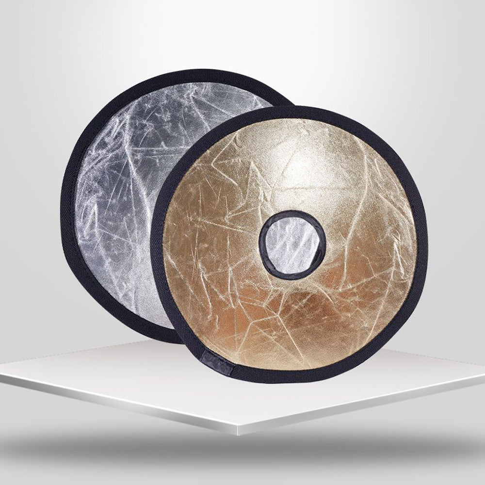 K064 2-in-1 Silver / Gold Photography Reflector Foldable Diffuser 30cm Round Hollow Center Light Reflector