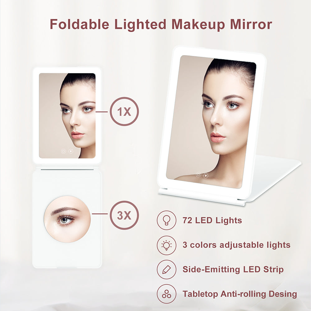 J17 Folding Portable LED Makeup Mirror with 3X Magnification for Travel and Desktop