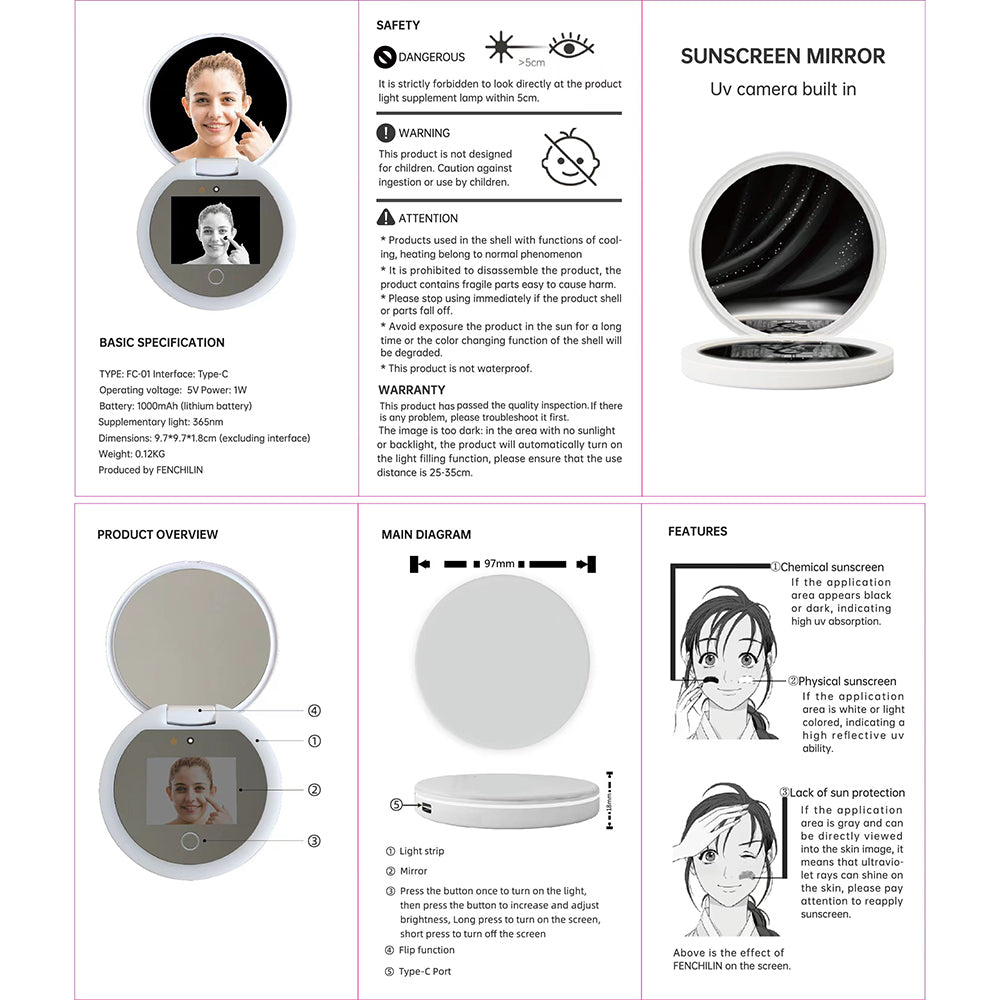 YS002 Smart Makeup Mirror Built-in UV Camera for Sunscreen Test LED Handheld Cosmetic Mirror