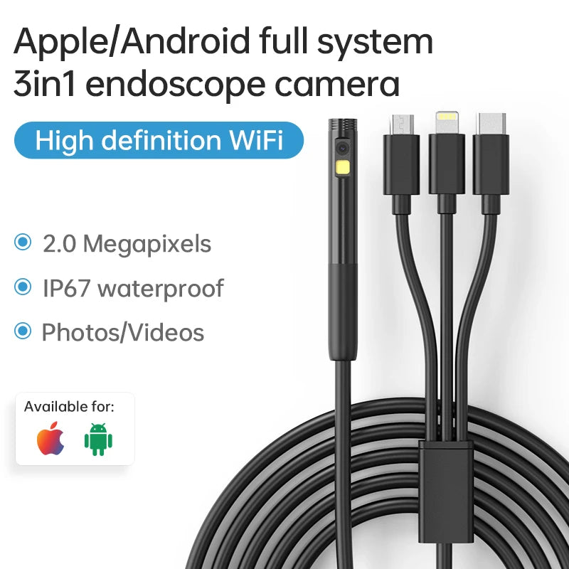 W300-B 3m 3-in-1 Micro / Type-C / Lightning Dual Lens Endoscope 8mm 2.0MP Camera Waterproof Borescope