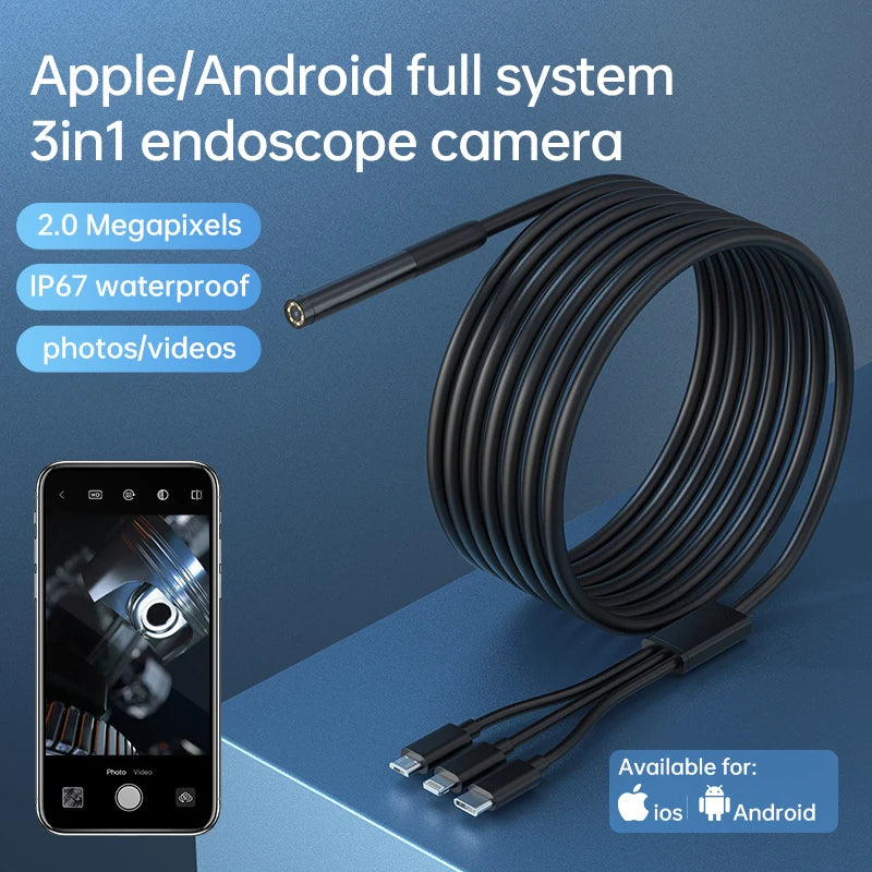 W300-B 3m 3-in-1 Micro / Type-C / Lightning HD Endoscope 8mm 2.0MP Inspection Camera Waterproof Borescope