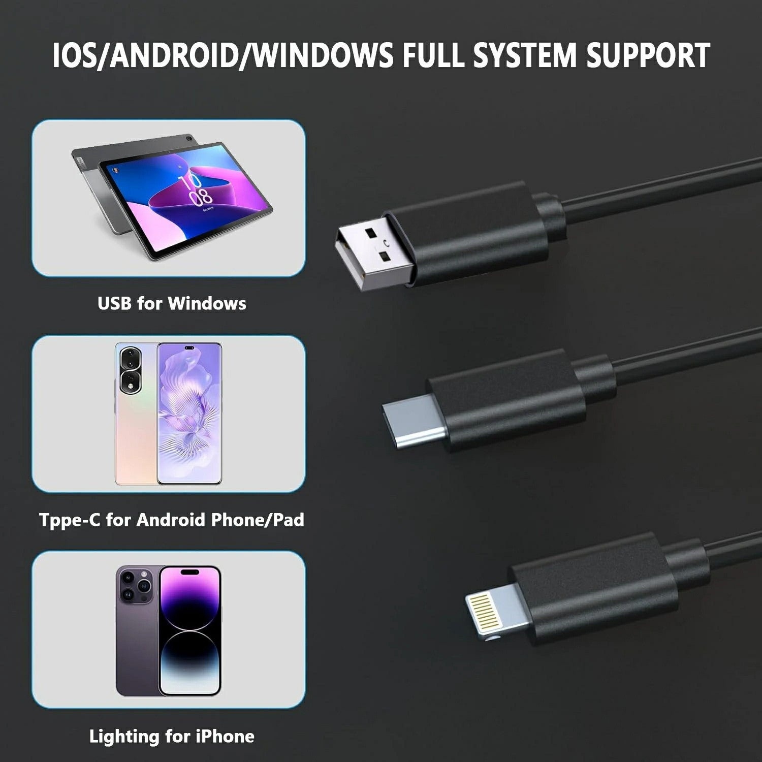 NK-5001Pro 3m Hard Wire Car Inspection 2MP 8MM Camera Microscope USB+Type-C+iOS Phone Endoscope