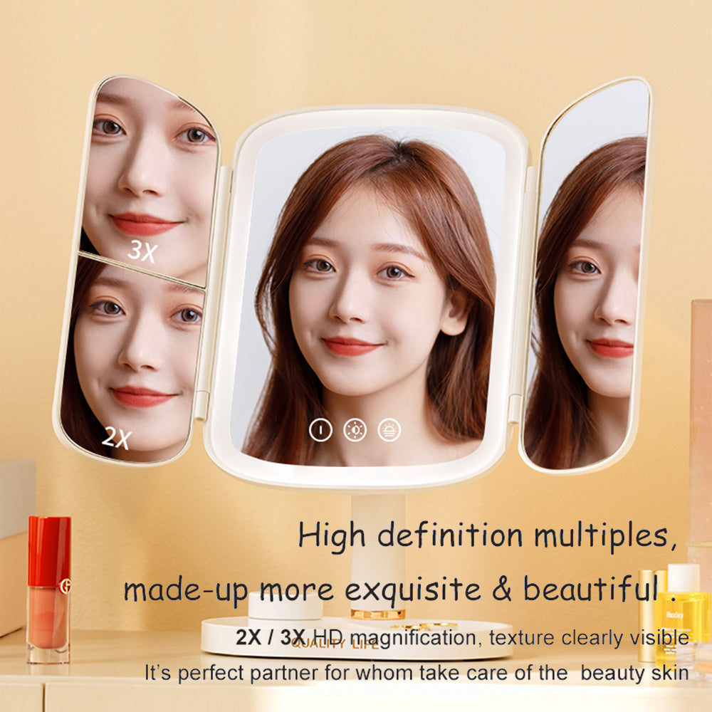 QW-M71 Stepless Dimming LED Light Makeup Mirror Foldable Tabletop Vanity Mirror