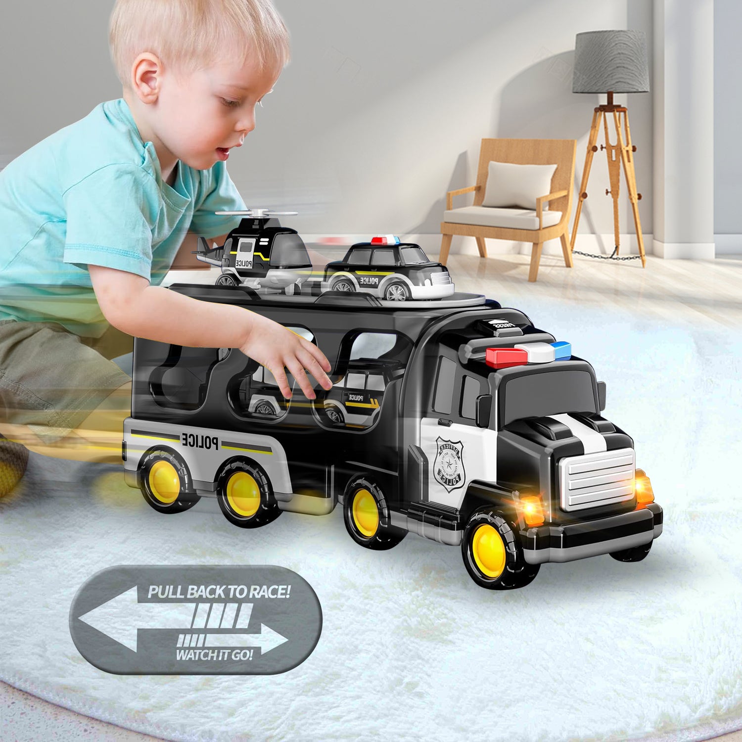 Kids Vehicles Cars Toys Set Toddlers Trucks Ambulances Helicopters Gifts (Dual Layers)