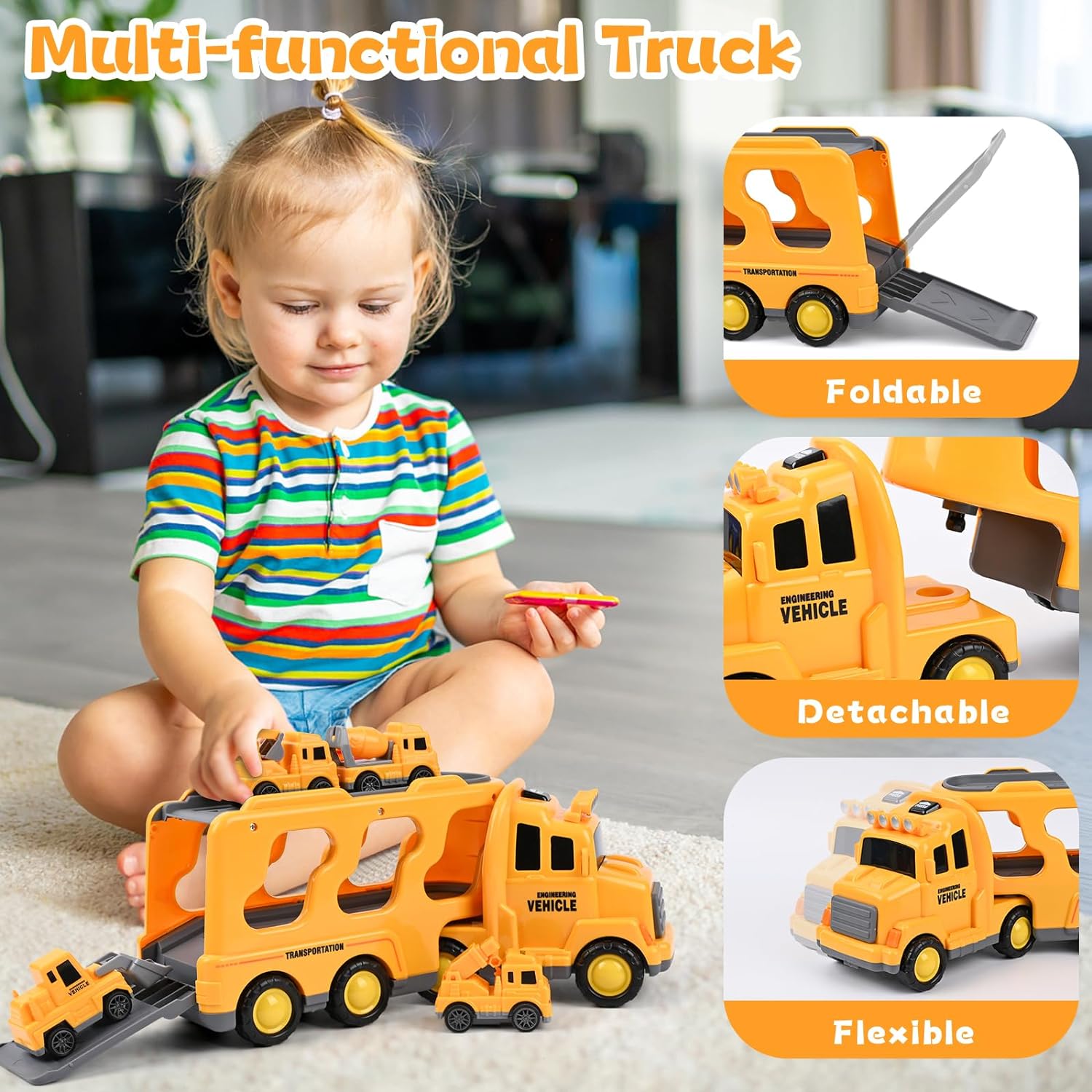 Friction Powered Mini Cars Toddlers Gifts Kids Boys Trucks Toys Set (Dual Layers)
