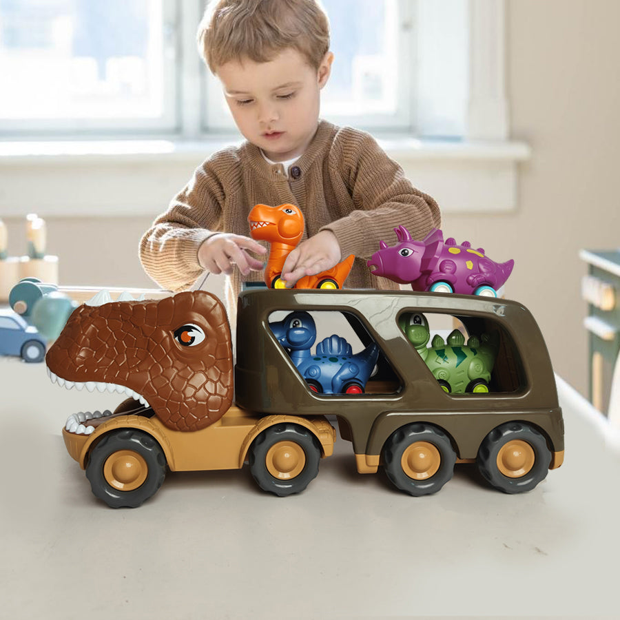Kids Dinosaur Shape Car Toys Set Vehicle Playset Push to Slide Sound Light Design