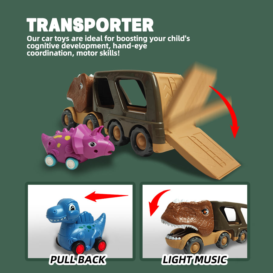 Kids Dinosaur Shape Car Toys Set Vehicle Playset Push to Slide Sound Light Design