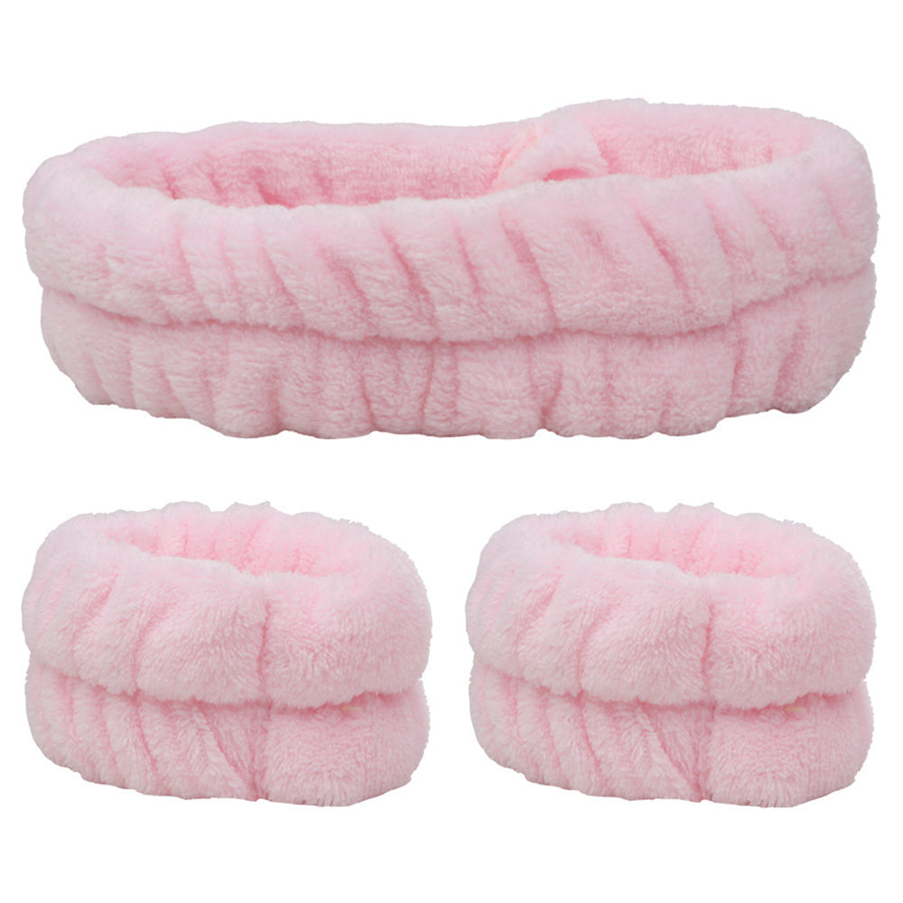 SFD067 1 Headband 2 Wrist Bands Coral Fleece Water Absorbent Face Washing Wristband Hairband Set