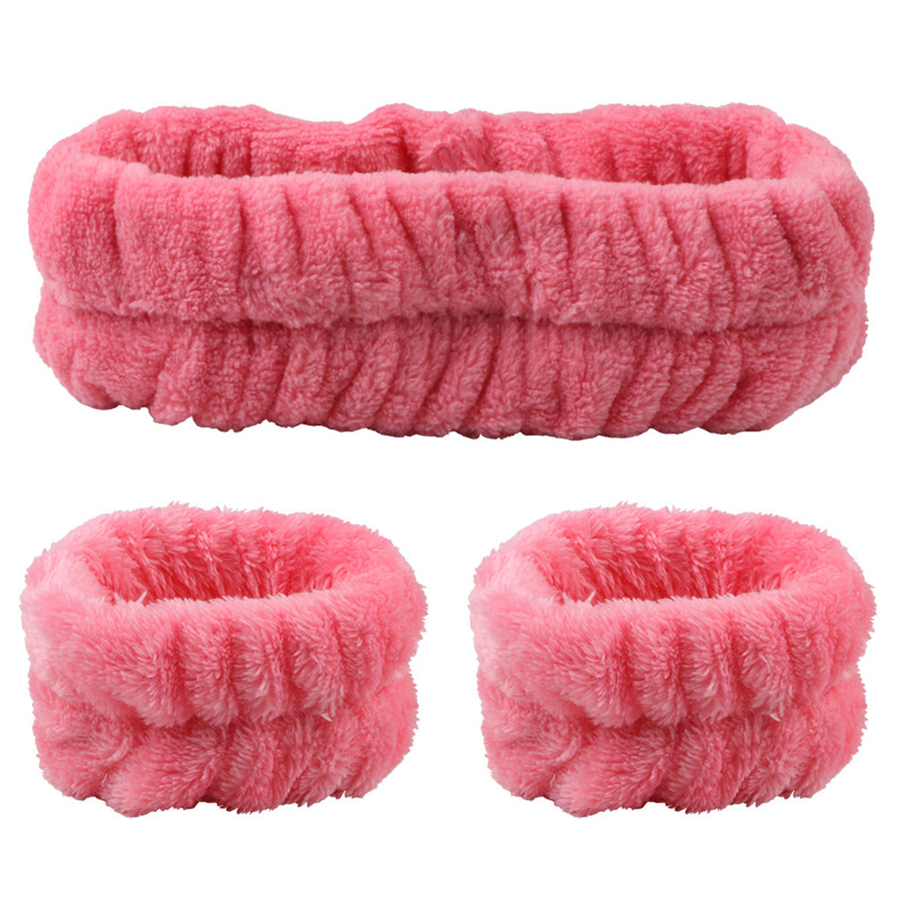 SFD067 1 Headband 2 Wrist Bands Coral Fleece Water Absorbent Face Washing Wristband Hairband Set