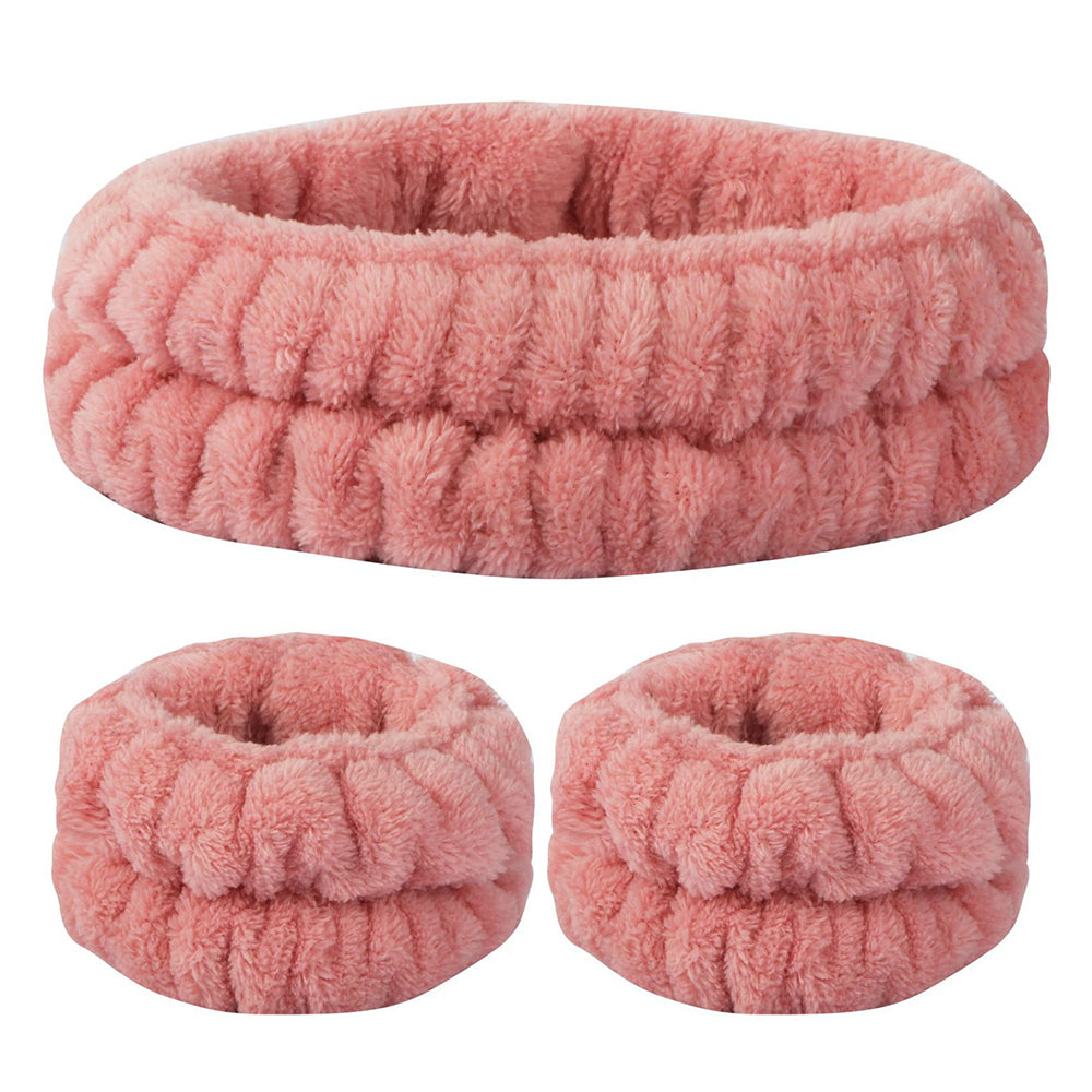 SFD067 1 Headband 2 Wrist Bands Coral Fleece Water Absorbent Face Washing Wristband Hairband Set