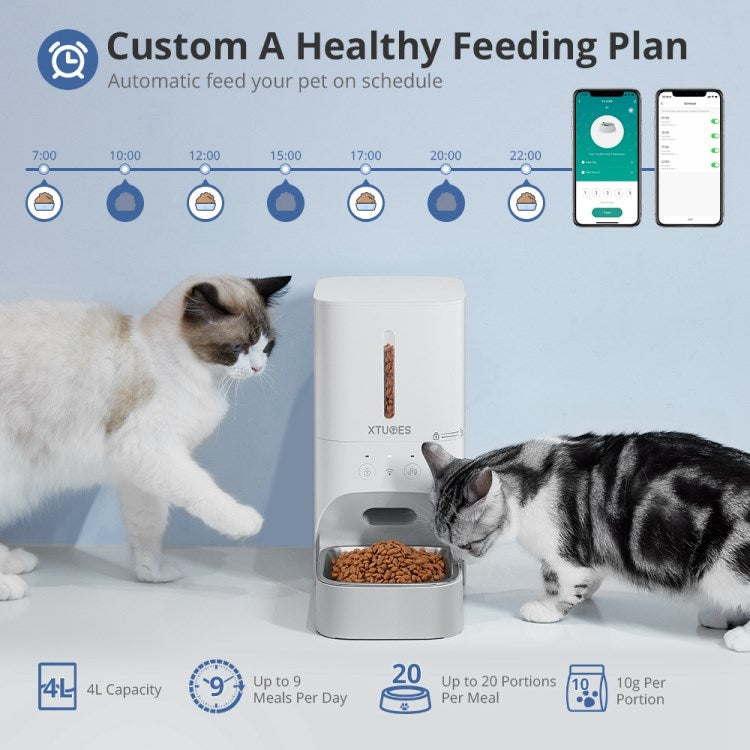 XTUOES Automatic Cat Feeder, 4L Smart WiFi Detachable Pet Dry Food Dispenser with Dual Charge Mode for Small / Medium Dog Cat - White