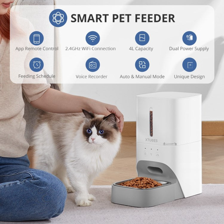 XTUOES Automatic Cat Feeder, 4L Smart WiFi Detachable Pet Dry Food Dispenser with Dual Charge Mode for Small / Medium Dog Cat - White