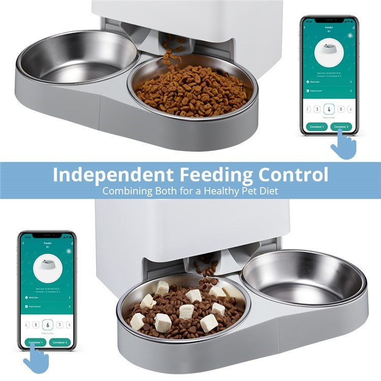 XTUOES 5L Automatic Cat Feeder WiFi with App Control Pet Food Dispenser with Double Bowl - White