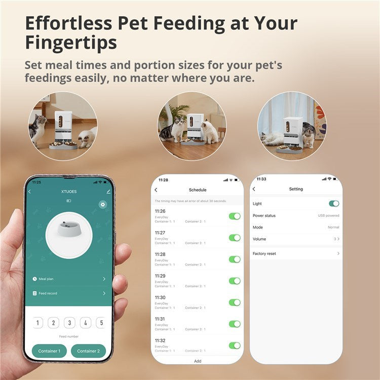 XTUOES 5L Automatic Cat Feeder WiFi with App Control Pet Food Dispenser with Double Bowl - White