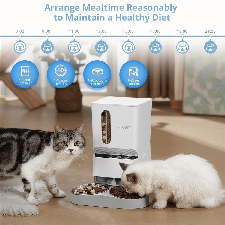 XTUOES 5L Automatic Cat Feeder WiFi with App Control Pet Food Dispenser with Double Bowl - White