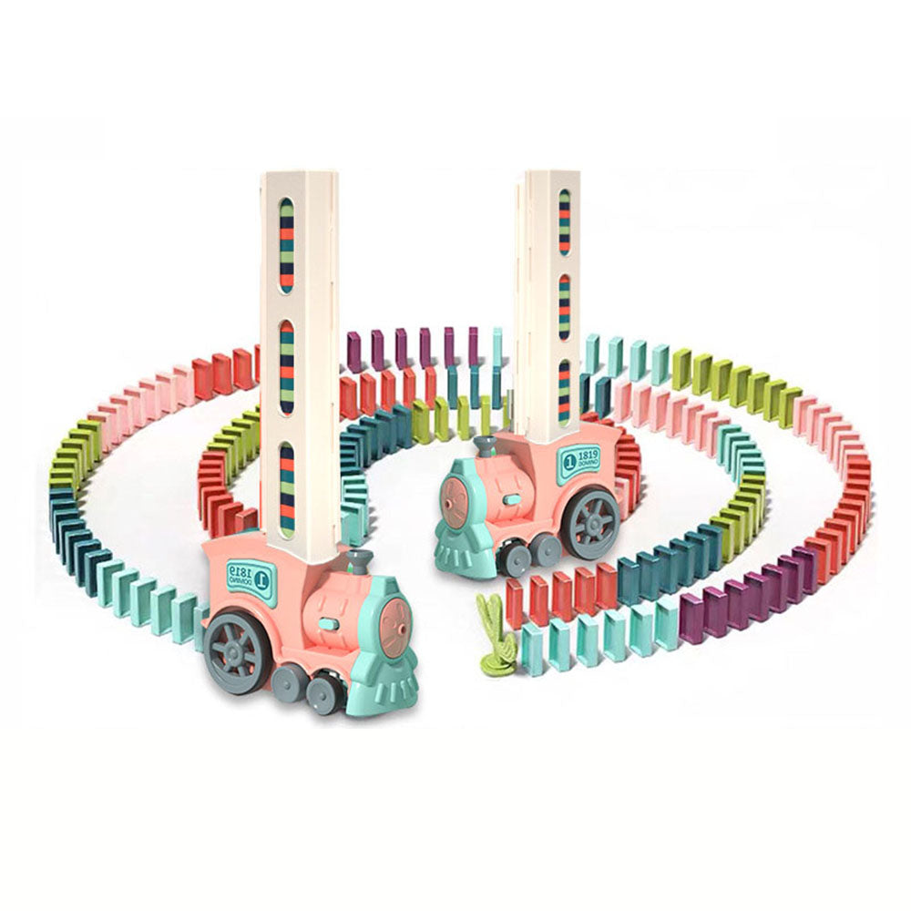 Automatic Laying Domino Blocks LED Light Sound Effects Electric Train Children Toy with 60 Dominoes