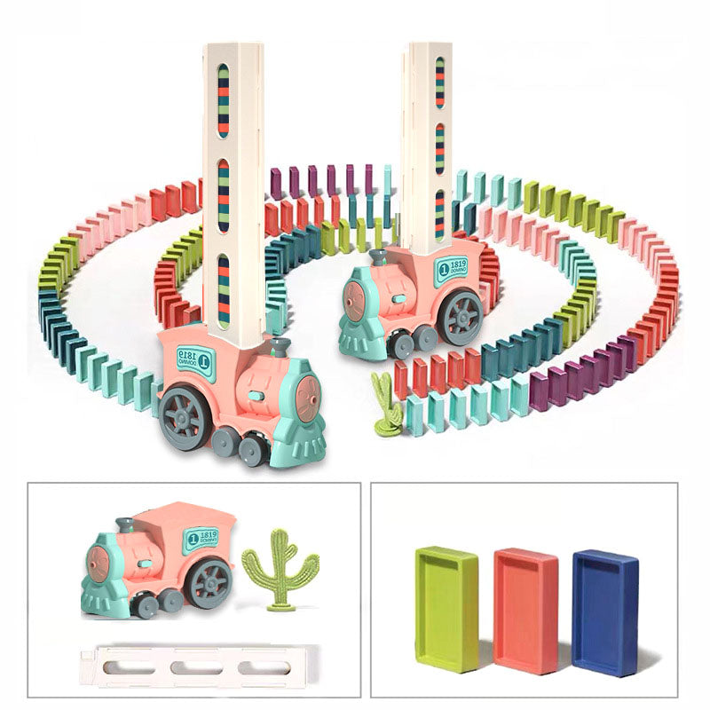 Automatic Laying Domino Blocks LED Light Sound Effects Electric Train Children Toy with 60 Dominoes