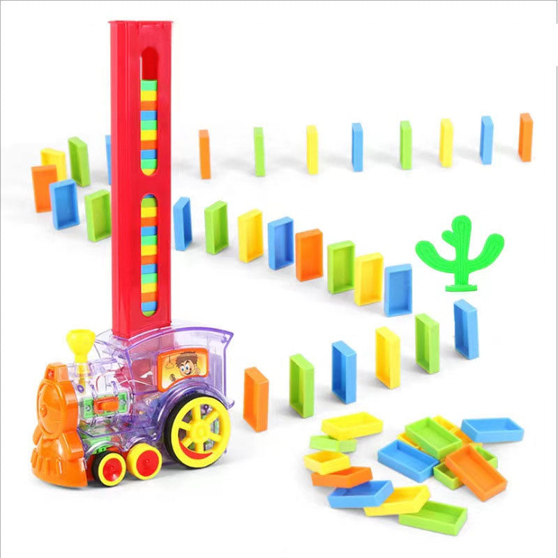 Automatic Laying Domino Blocks LED Light Sound Effects Electric Train Children Toy with 60 Dominoes