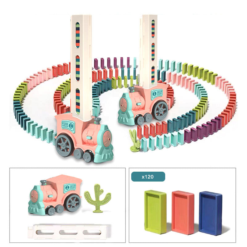 Automatic Laying Domino Blocks LED Light Sound Effects Electric Small Train Kids Toy with 120 Dominoes