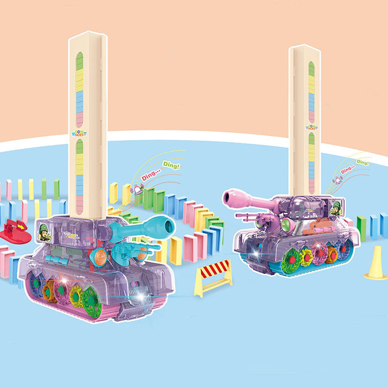 Automatic Laying Domino Blocks LED Light Sound Effects Electric Tank Kids Toy with 80 Dominoes