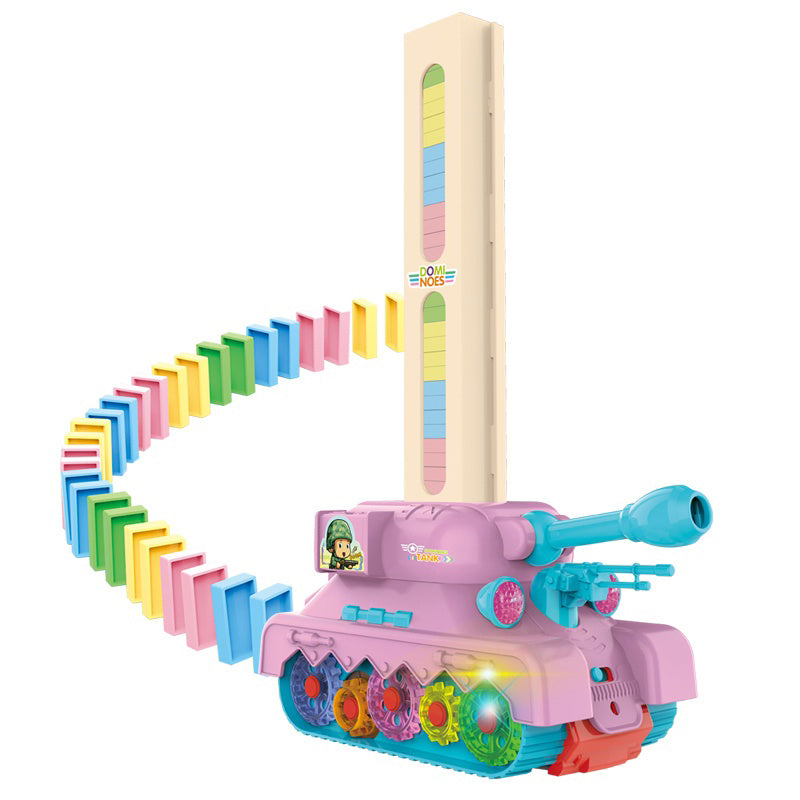 Automatic Laying Domino Blocks LED Light Sound Effects Electric Tank Kids Toy with 80 Dominoes