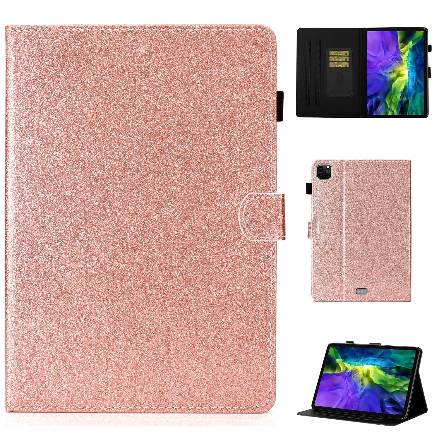 Glittery Powder Card Slots Stand PU Leather TPU Shell for iPad Air (2020) / Air (2022) / Pro 11-inch (2021) (2020) (2018) (2022)