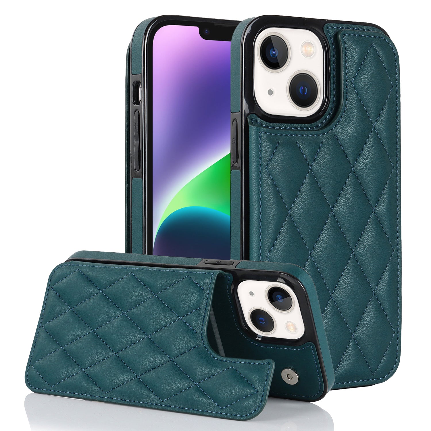 Anti-Dust Phone Cover for iPhone 14 Magnetic Button Kickstand Card Slot PU Leather TPU Phone Case