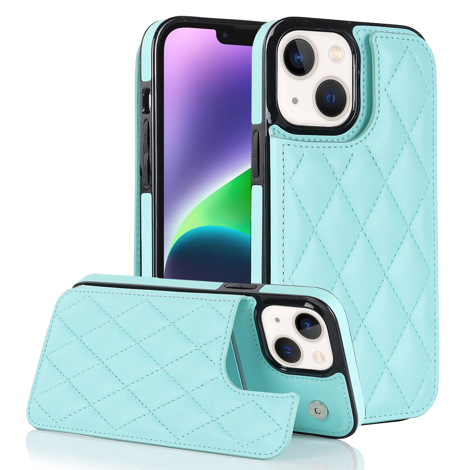 Anti-Dust Phone Cover for iPhone 14 Magnetic Button Kickstand Card Slot PU Leather TPU Phone Case
