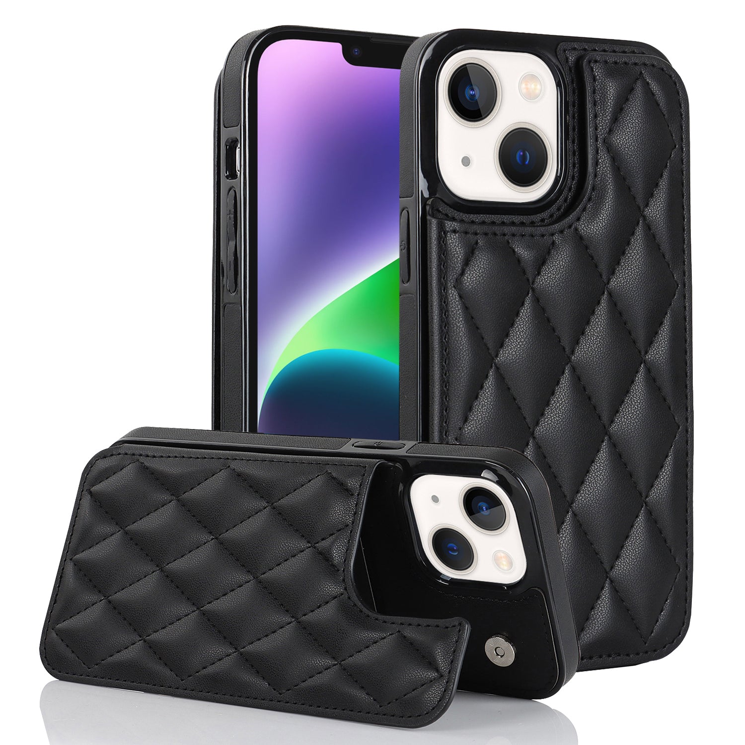 Anti-Dust Phone Cover for iPhone 14 Magnetic Button Kickstand Card Slot PU Leather TPU Phone Case