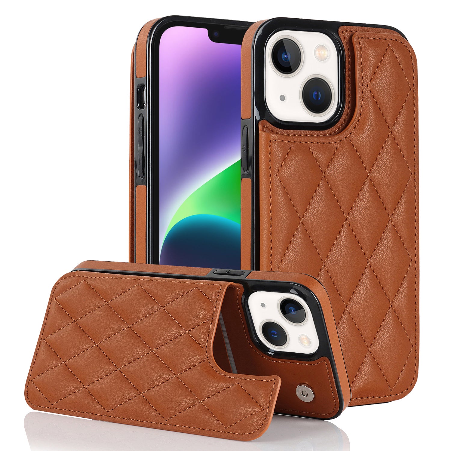 Anti-Dust Phone Cover for iPhone 14 Magnetic Button Kickstand Card Slot PU Leather TPU Phone Case
