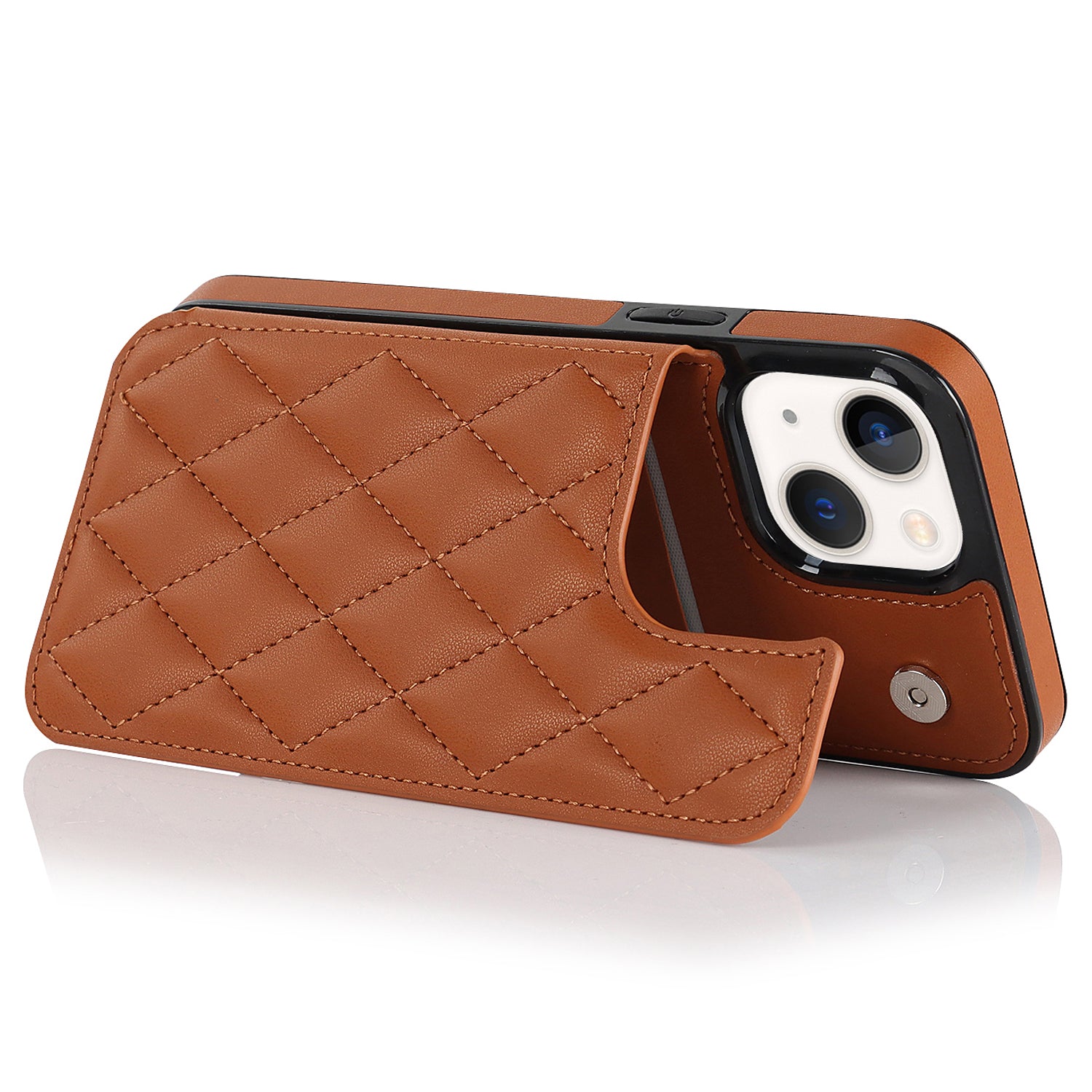 Anti-Dust Phone Cover for iPhone 14 Magnetic Button Kickstand Card Slot PU Leather TPU Phone Case