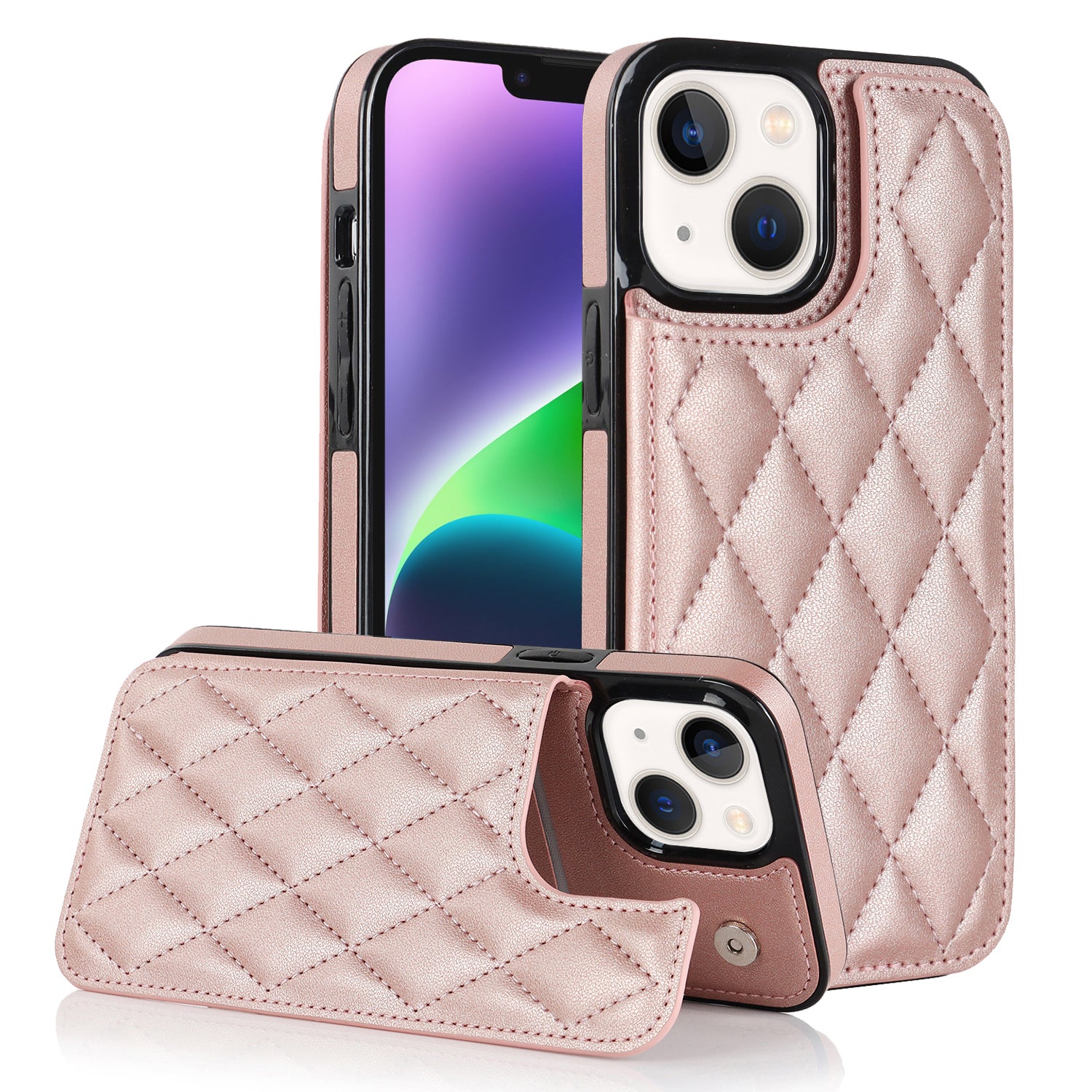 Anti-Dust Phone Cover for iPhone 14 Magnetic Button Kickstand Card Slot PU Leather TPU Phone Case
