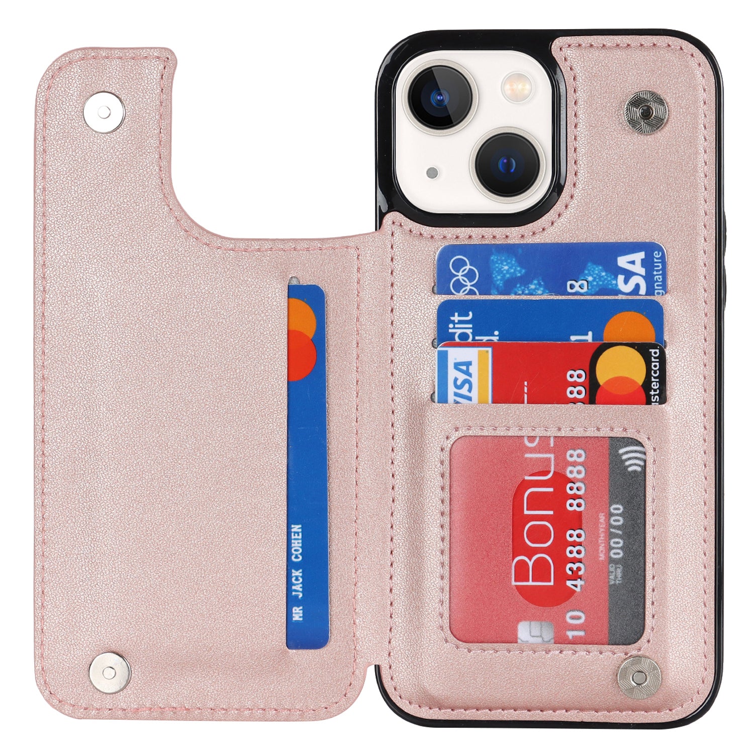 Anti-Dust Phone Cover for iPhone 14 Magnetic Button Kickstand Card Slot PU Leather TPU Phone Case