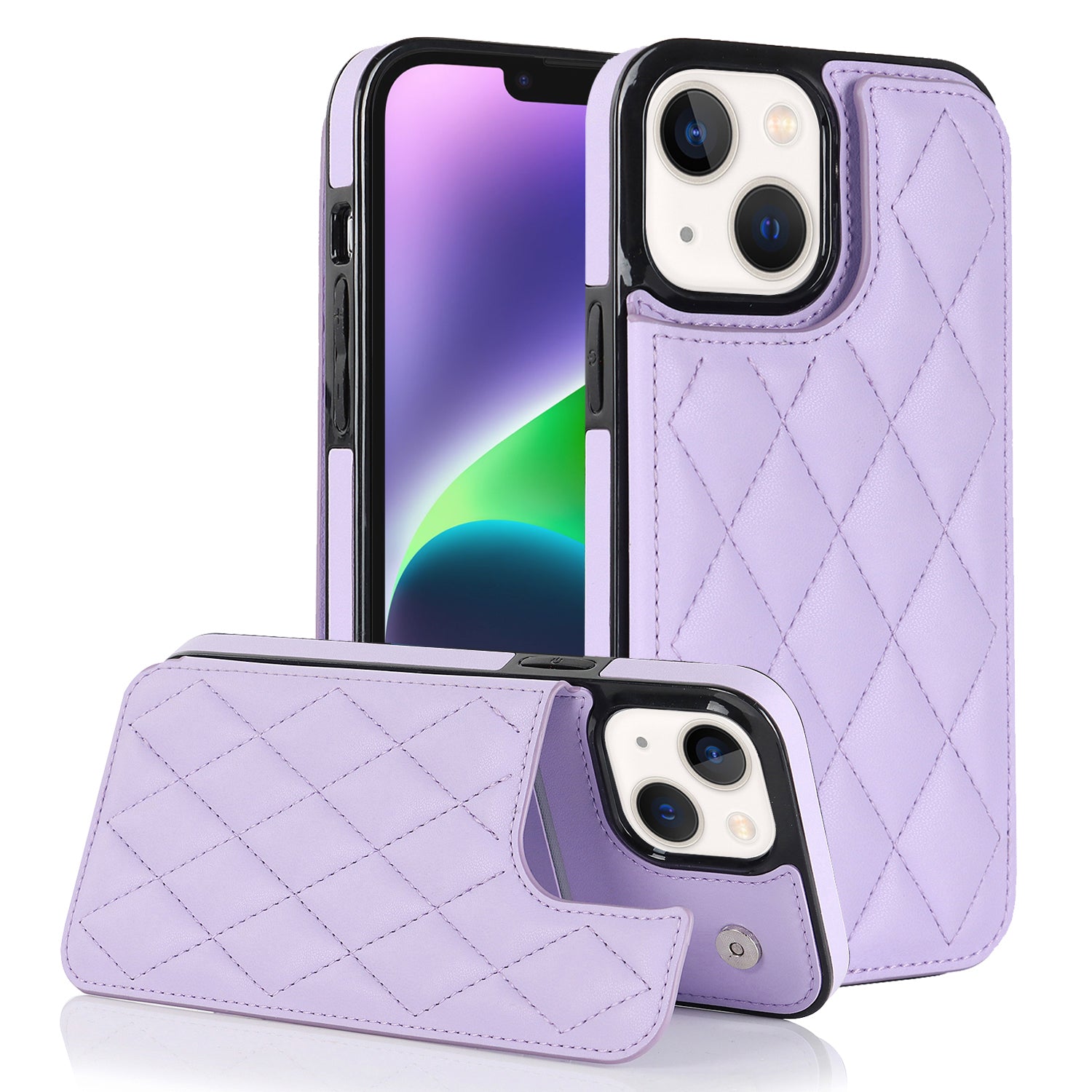 Anti-Dust Phone Cover for iPhone 14 Magnetic Button Kickstand Card Slot PU Leather TPU Phone Case