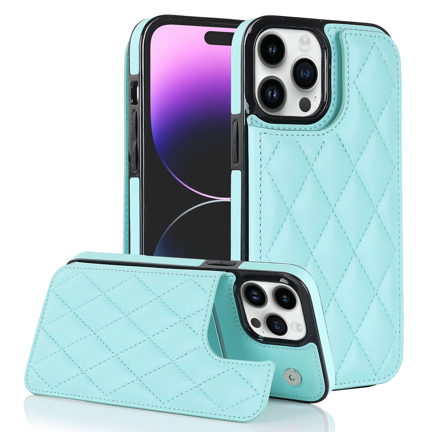RFID Blocking Phone Case for iPhone 14 Pro Magnetic Button Kickstand Card Holder Phone Cover