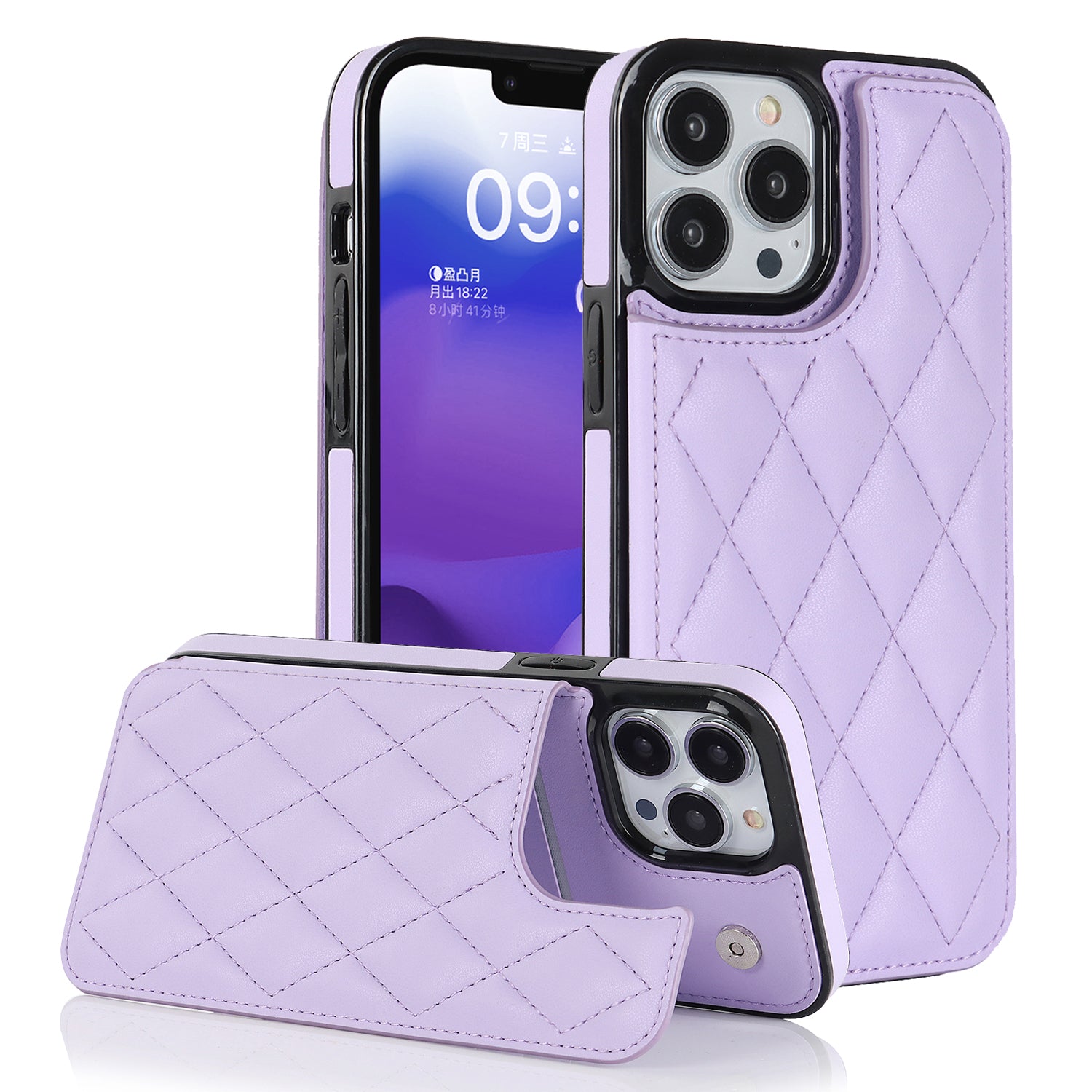 For iPhone 13 Pro Smartphone Case Kickstand PU Leather TPU Card Holder Phone Cover