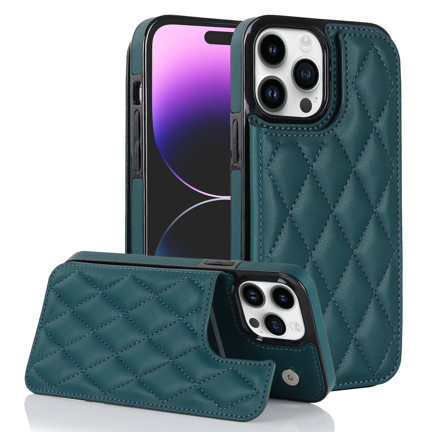 PU Leather TPU Phone Cover for iPhone 14 Pro Max Stitching Line Kickstand Card Holder Phone Case
