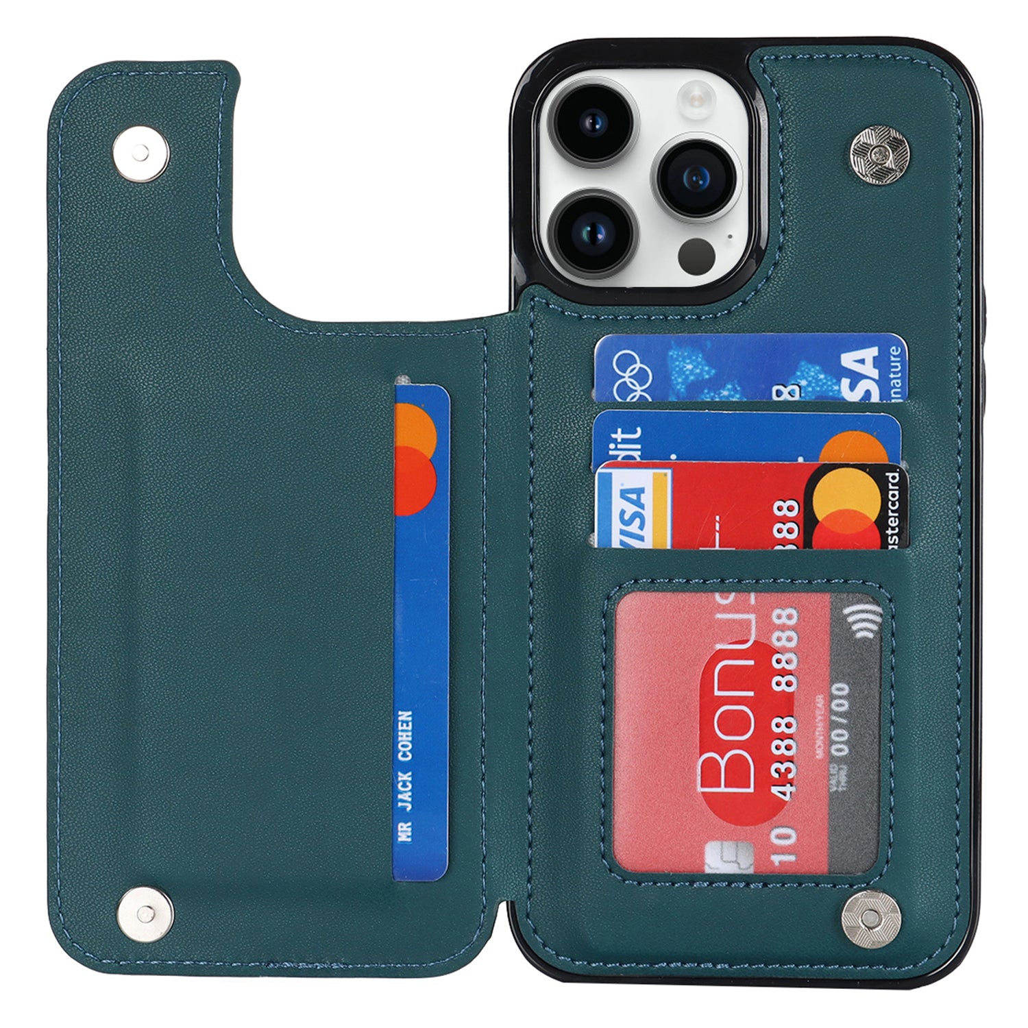 PU Leather TPU Phone Cover for iPhone 14 Pro Max Stitching Line Kickstand Card Holder Phone Case