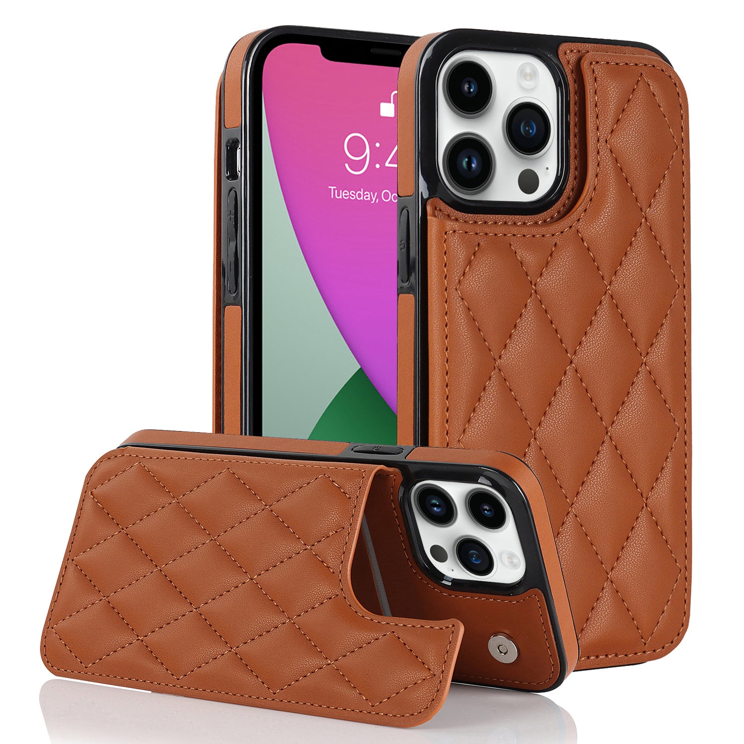 For iPhone 12 Pro Max Anti-Scratch Phone Cover Magnetic Button Kickstand Card Holder PU Leather TPU Case