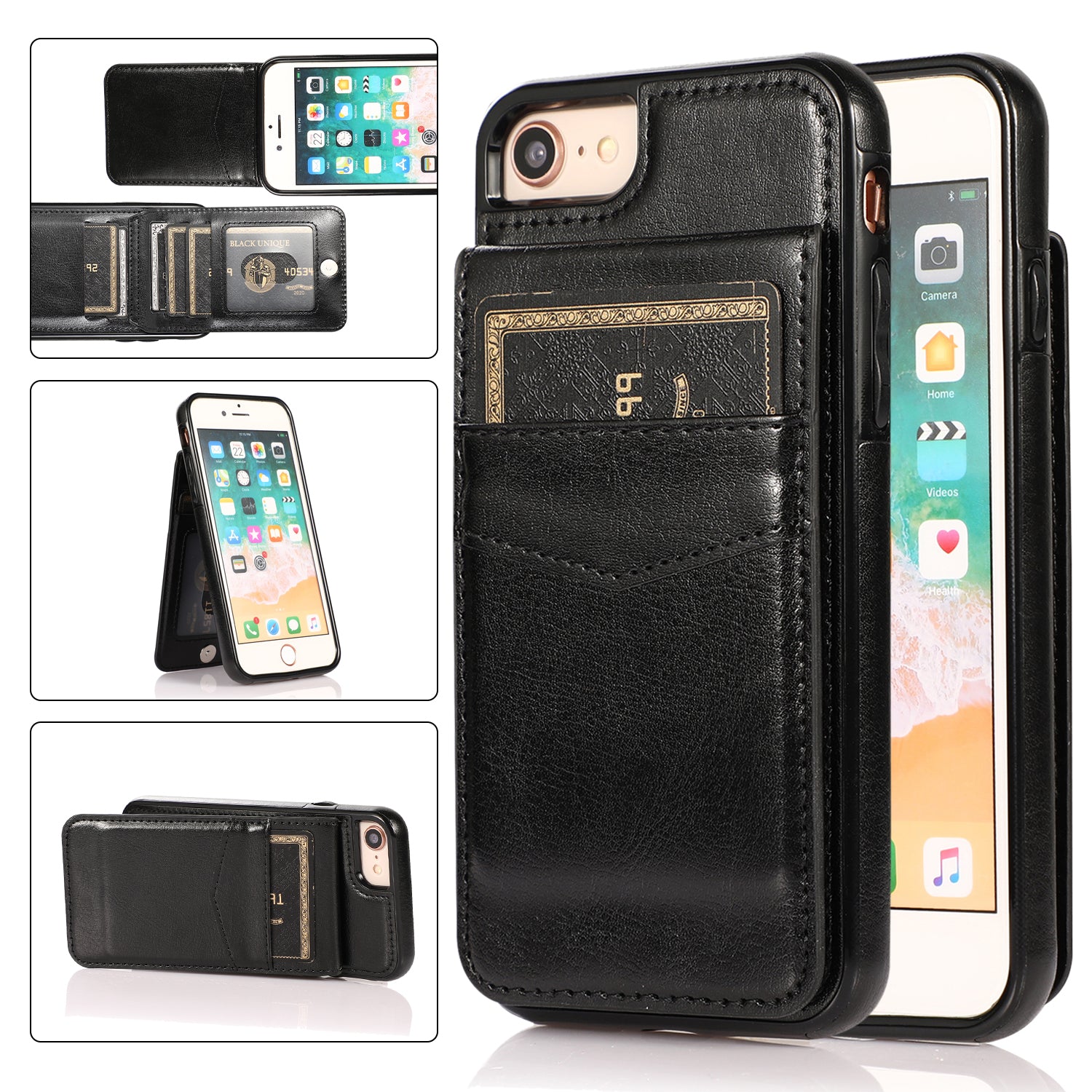 For iPhone 7 8 SE (2020) Card Holder Phone Case Kickstand PU Leather + TPU Cover