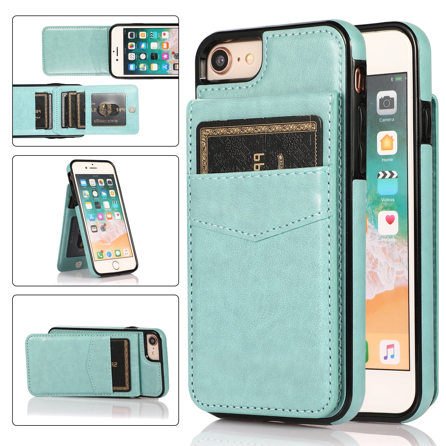 For iPhone 7 8 SE (2020) Card Holder Phone Case Kickstand PU Leather + TPU Cover