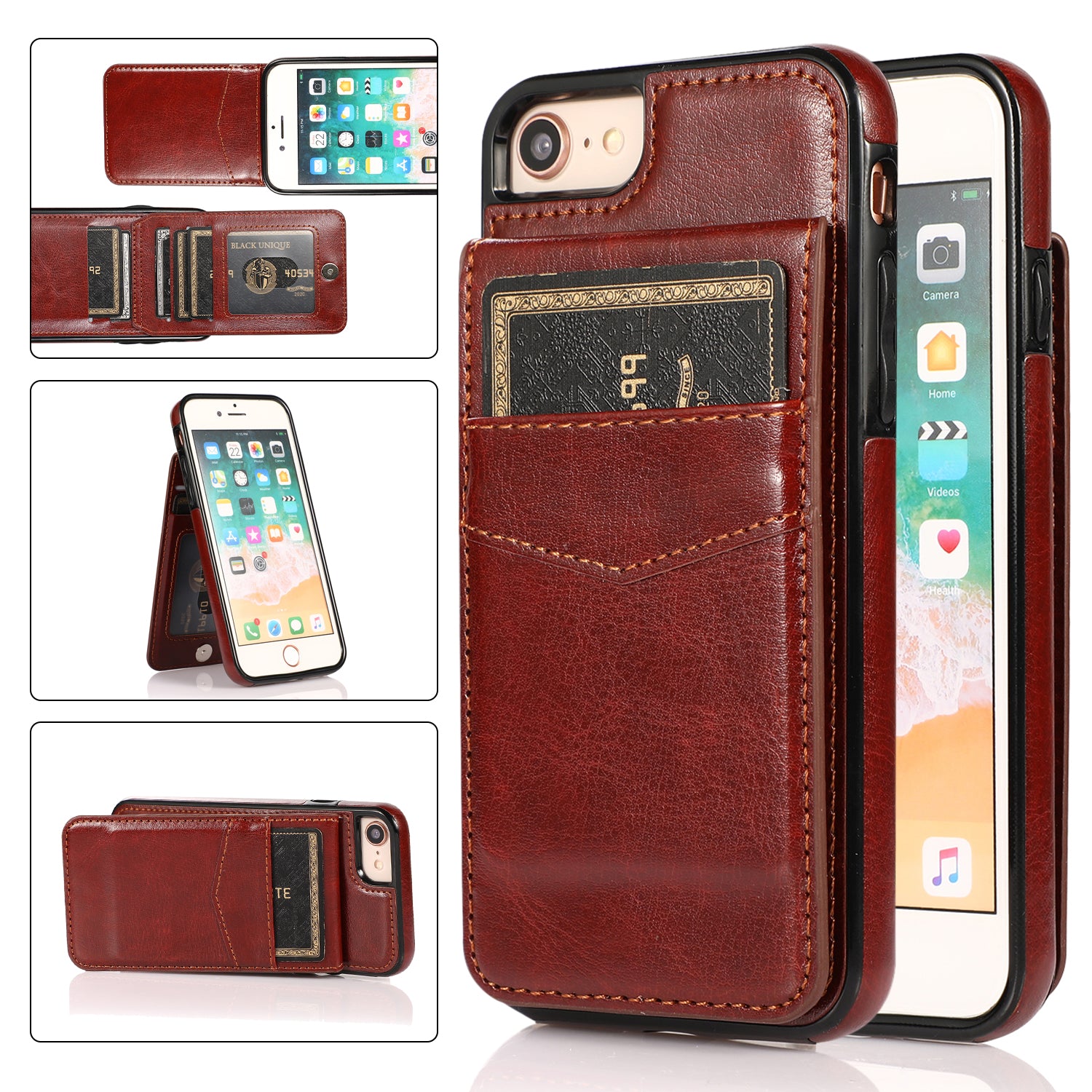 For iPhone 7 8 SE (2020) Card Holder Phone Case Kickstand PU Leather + TPU Cover