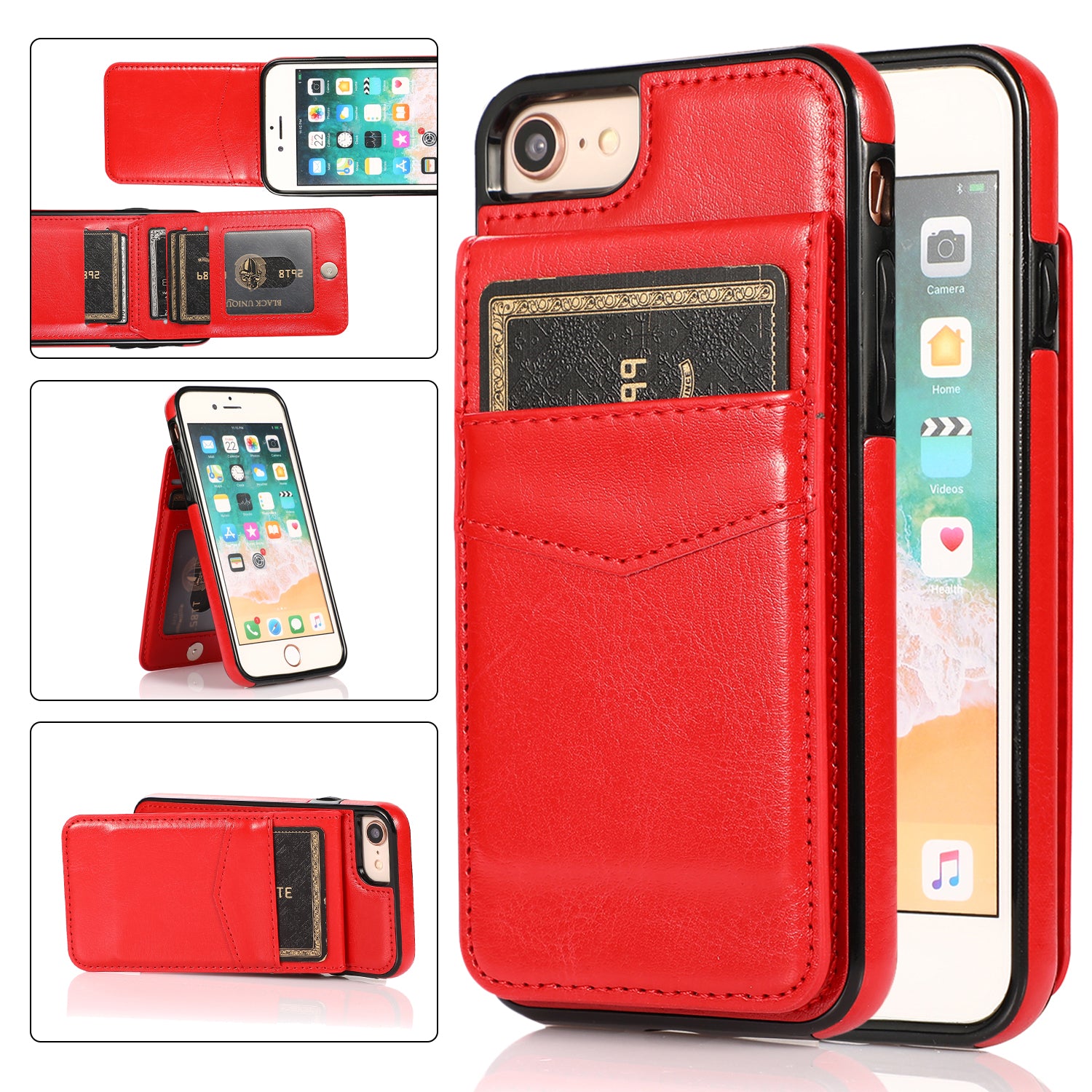 For iPhone 7 8 SE (2020) Card Holder Phone Case Kickstand PU Leather + TPU Cover